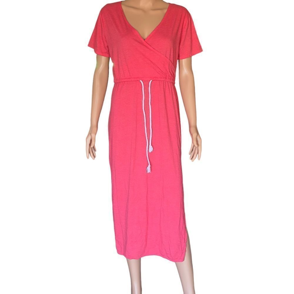 Oyan Pink Jersey Knit Midi Dress with Drawstring LARGE